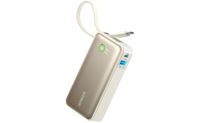 Anker Nano Power Bank, 10,000mAh Portable Charger with Built-In USB-C Cable, 30W Max Output, for iPhone 16/15 Series, MacBook, AirPods, and More - Shell White